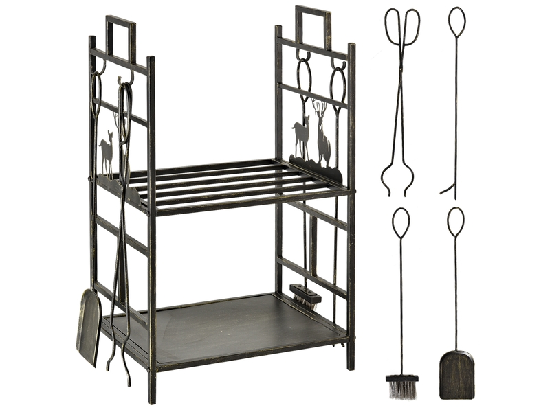 Porte-bûches en fer forgé avec accessoires, 2 niveaux, 51,5 x 33 x 77 cm, noir - Conforama A
