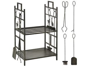Porte-bûches en fer forgé avec accessoires, 2 niveaux, 51,5 x 33 x 77 cm, noir