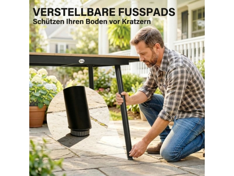  Table de jardin 140x80 cm pour 6 personnes, plateau wpc, pieds réglables, résistante à la rouille, teck  - Conforama E