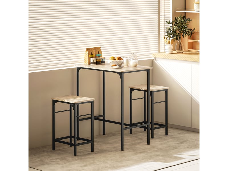  Ensemble table de bar avec 2 tabourets, cadre en acier pour cuisine, salle à manger et salon, effet bois naturel  - Conforama D