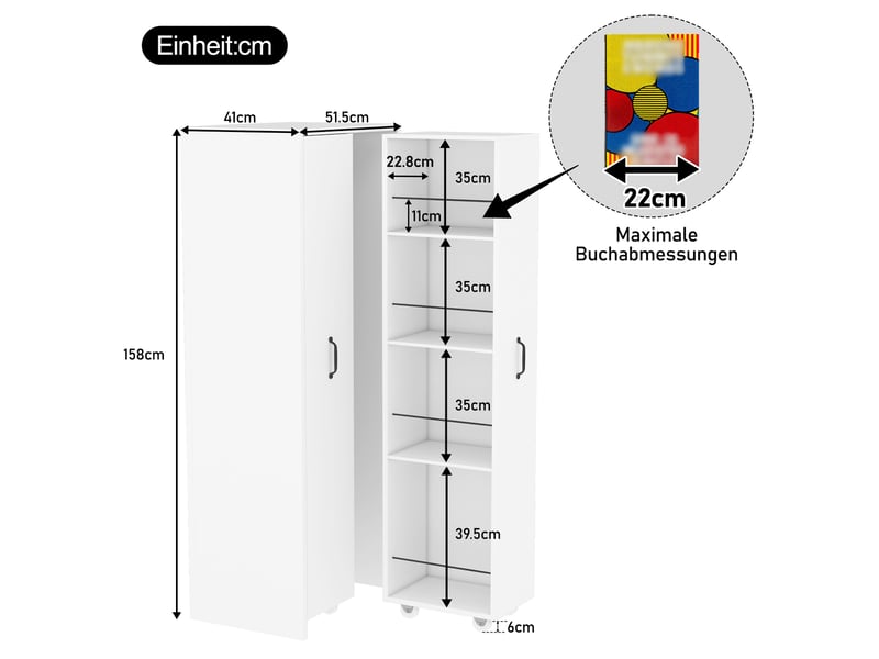  Bibliothèque coulissante - 51.5x41x158cm - meuble de rangement extensible à roulettes, 4 niveaux - blanc  - Conforama E