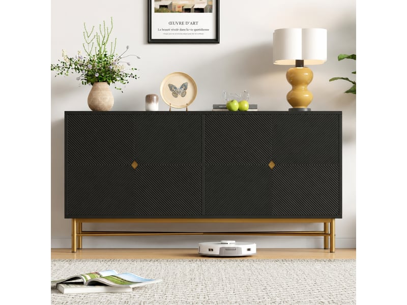 Buffet noir 4 portes à relief, fermeture amortie, poignées dorées brossées, 160 × 40 × 82 cm - Conforama E