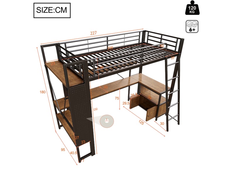  Lit mezzanine 90x200 cm avec bureau, led et rangements noir  - Conforama C