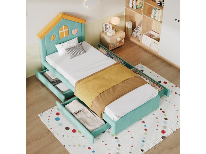  Lit enfant cabane 90x200 cm 4 tiroirs de rangement, tête de lit maison, velours français, bleu-vert sans matelas  - Conforama D