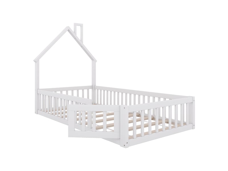  Lit cabane enfant, 90 × 200 cm, blanc, pin et mdf, structure cabane, forme cheminée, sommier à lattes, garde-corps, sans matelas  - Conforama A