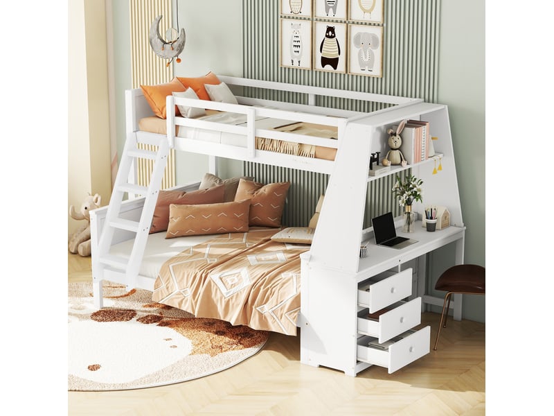  Lit superposé enfant 90x200 cm et 140x200 cm avec bureau et tiroirs blanc  - Conforama E