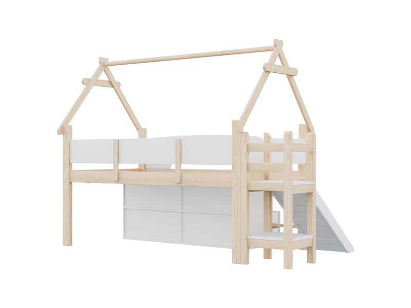 Lit mezzanine enfant 90×200 cm avec toboggan, rangements et barrière, bois massif et mdf naturel et blanc sans matelas - Conforama D