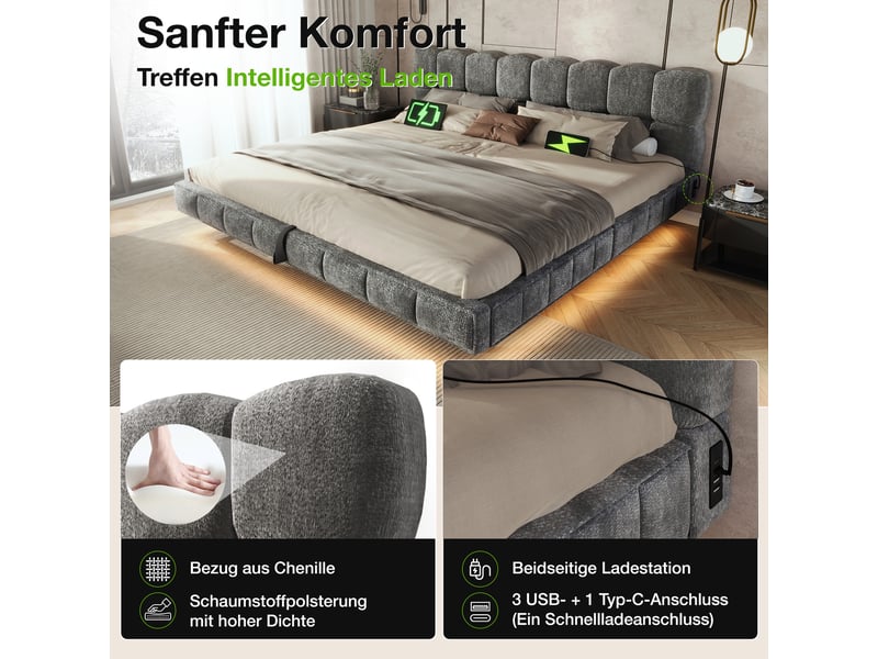  Lit coffre 140x190 cm, lit double effet flottant, design nuage, grand coffre à ouverture hydraulique, led, usbtype-c, chenille et bois, gris  - Conforama D