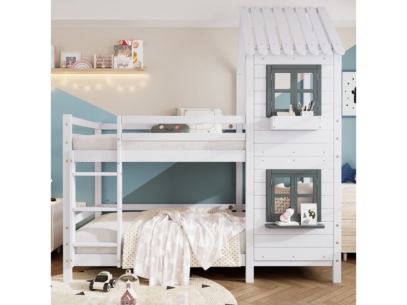  Lit superposé cabane enfant 2 x 90 x 200 cm avec fenêtres ouvrantes, escalier latéral 3 marches avec rampe, garde-corps, pinmdf, blanc  - Conforama B