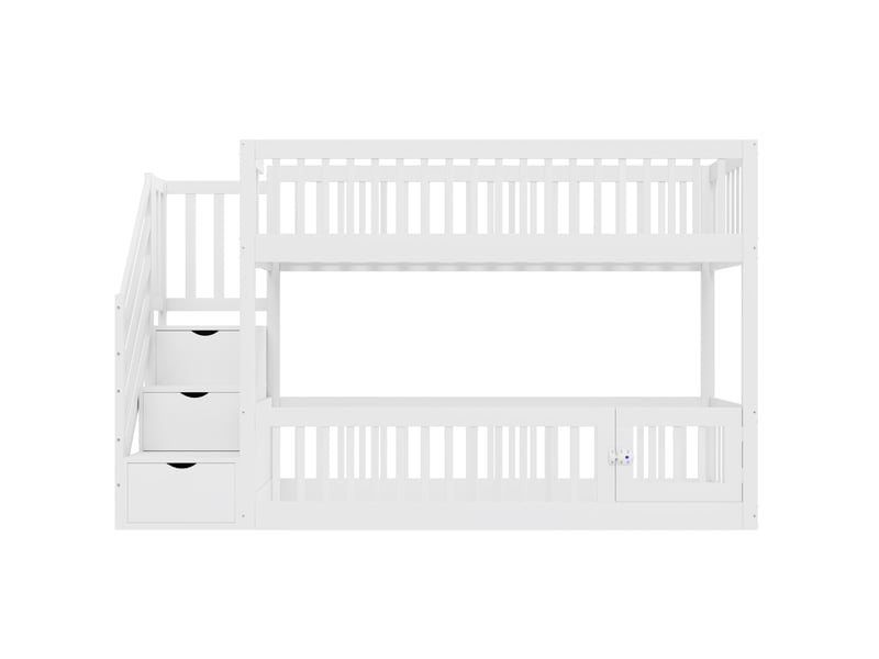  Lit superposé 90x200 cm pour enfant avec escalier de sécurité et tiroirs, lit simple en bois blanc avec rangement pour enfants et adolescents  - Conforama E