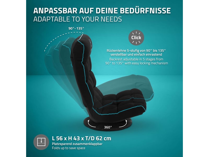 Ml-design fauteuil de sol gaming noir-turquoise pivotant 360° modèle de jeu pliable avec appui-tête dossier réglable et rembourré siège multi-positions relaxant confort pour lounge salon ou chambre ECD Germany GmbH - Conforama D