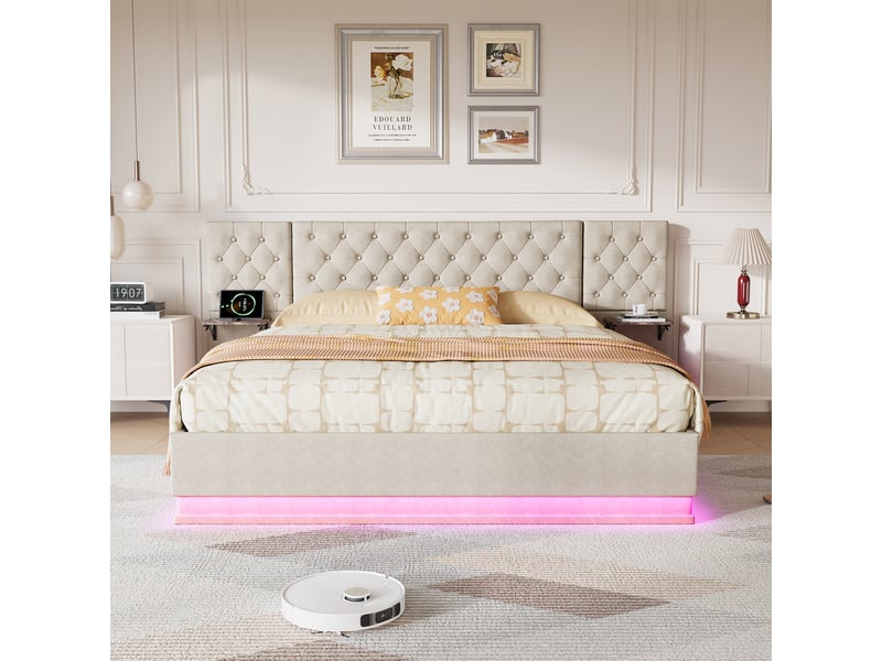  Lit coffre 2 places européen 140x200 cm, lit adulte, rangement, 2 chevets, led, recharge sans fil, port usb, lin beige  - Conforama C