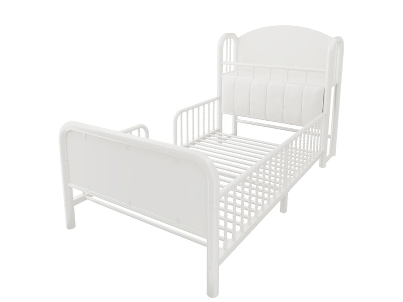  Lit enfant en métal 90 x 200 cm, cadre de lit simple avec barrière de sécurité continue, tête de lit rembourrée avec compartiment de rangement, bande lumineuse led, mobilier de chambre moderne, blanc  - Conforama D