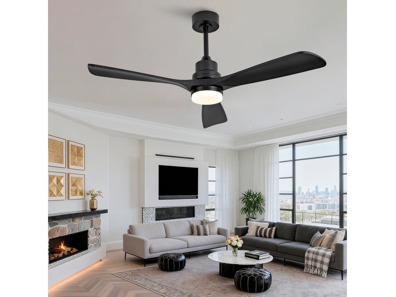  Ventilateur de plafond avec éclairage 132x132x36 cm, 3 pales, led réglable, télécommande, 6 vitesses, métal et bois, noir  - Conforama C
