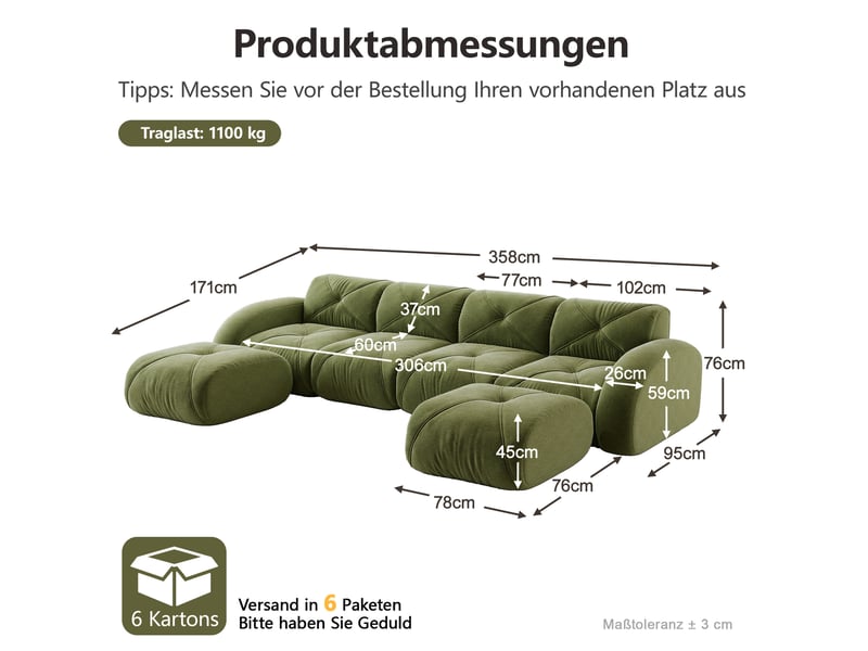  Canapé modulable en u 4 places avec 2 poufs en chenille vert  - Conforama E