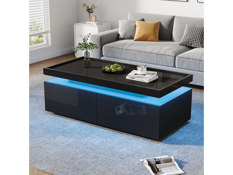  Table basse noire brillante avec led et 2 tiroirs, 95x45x35 cm, panneau de particules, noir  - Conforama D