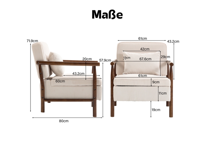  Fauteuil de salon moderne 80x61x72cm - coffre de rangement intégré, coussin lombaire amovible et structure en bois massif - velours côtelé - blanc  - Conforama C
