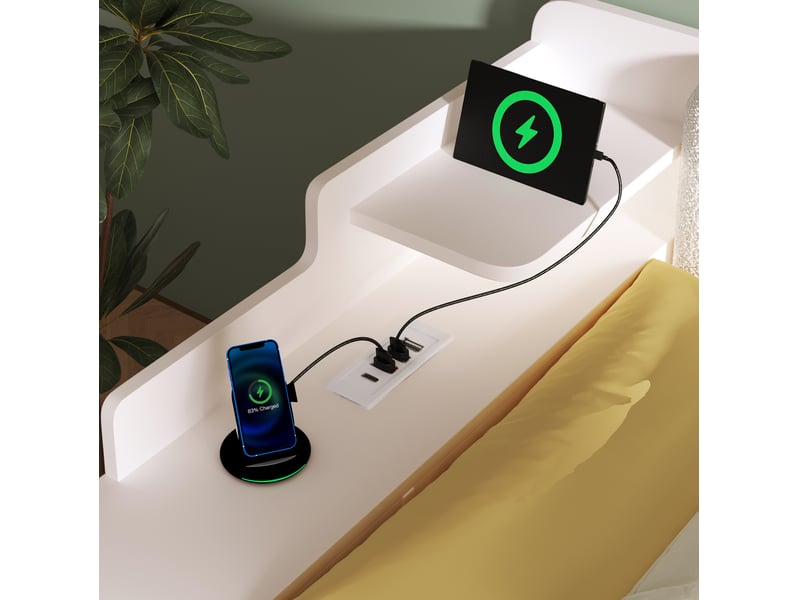 Lit jeune 140x190 cm, lit 2 places avec rangement et station de charge, mdf, métal et bois, couleur blanc, sans matelas - Conforama E