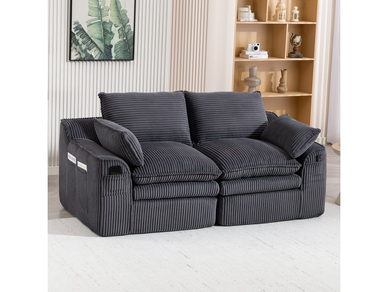  Canapé modulable 2 places en velours côtelé gris foncé avec coussins et poches latérales  - Conforama B