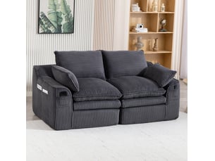 Canapé modulable 2 places en velours côtelé gris foncé avec coussins et poches latérales