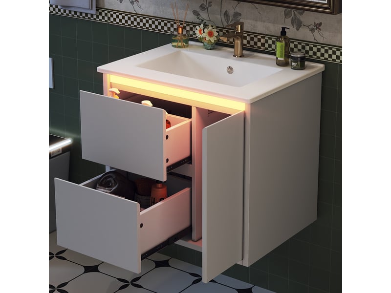 Meuble sous vasque mural, 2 tiroirs et 1 placard, led radar, salle de bain, mdf et céramique, 61×46,5×57 cm blanc - Conforama B