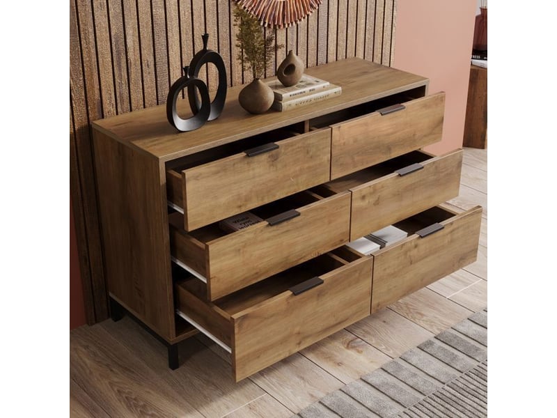  Commode 6 tiroirs - chêne foncé - design industriel - pieds réglables - 120 cm  - Conforama B
