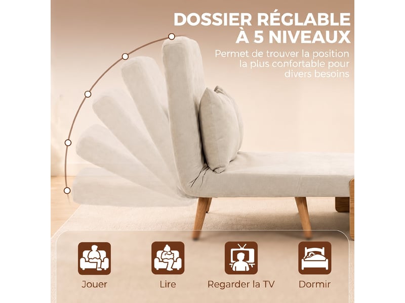  Canapé convertible 2 places, canapé-lit 3 en 1 chenille 103cm, dossier réglable, 2 oreillers, accoudoirs en bois, crème  - Conforama E