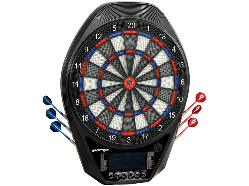 Cible fléchettes électronique 60,5×45,5×3,6 cm, 6 fléchettes pointes souples +24 pointes rechange, écran led, 34 jeux, 2235 programmes, multicolore - Conforama B