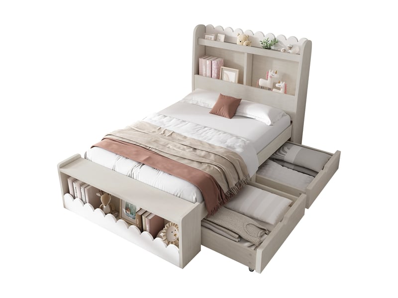  Lit enfant avec tiroirs et rangement, lit coffre 90x200 en bois blanc et chêne clair avec banc intégré et étagères, sommier à lattes  - Conforama A