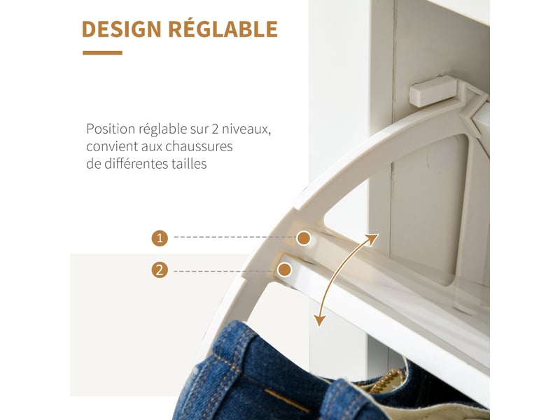  Meuble à chaussures 12 paires, armoire à chaussures étroite avec 2 tiroirs rabattables et étagères réglables, style moderne, pour couloir, entrée, blanc et bois naturel, 72 x 26 x 80 cm  - Conforama W