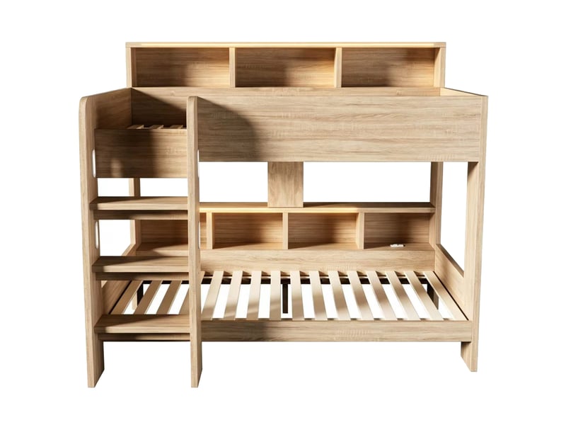  Lit superposé 90x200 cm avec rangements, led et prises, coloris bois naturel, sans matelas  - Conforama E