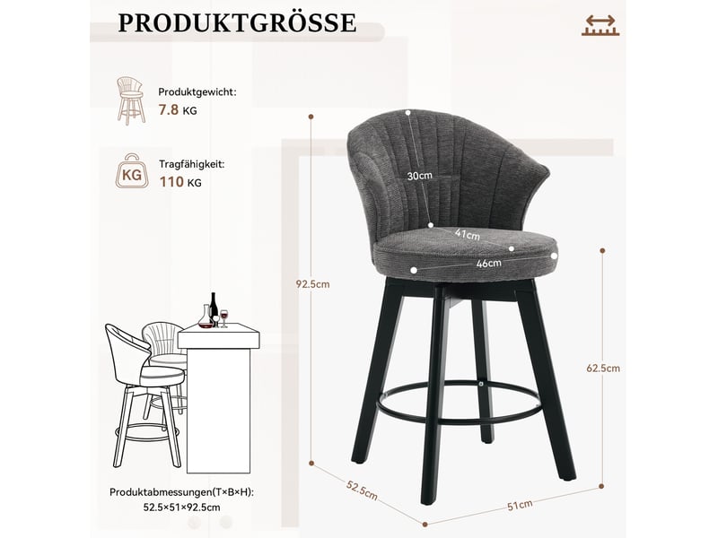  Tabouret de bar pivotant avec dossier ergonomique et repose-pieds, pour îlot de cuisine, en chenille gris  - Conforama D