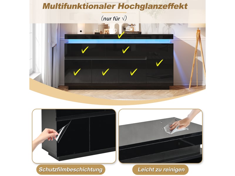 Buffet salon 140x35x72,5 cm noir, meuble bas avec 4 compartiments et 2 tiroirs, charge max 30 kg, design moderne  - Conforama D