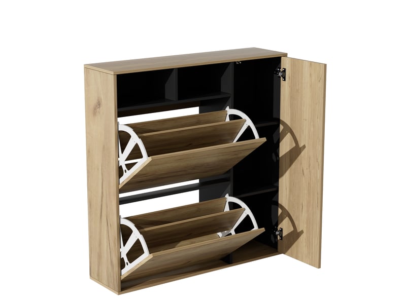  Meuble à chaussures 90x24x94 cm bois et noir, 2 abattants, 1 porte et niches ouvertes  - Conforama D