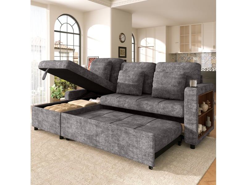  Canapé convertible 3 places avec méridienne, coffre de rangement, porte-gobelet et étagère en chenille gris  - Conforama B