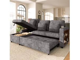Canapé droit convertible <strong>WISHDOR</strong> <strong></strong> 3 places Tissu gris avec coffre de rangement