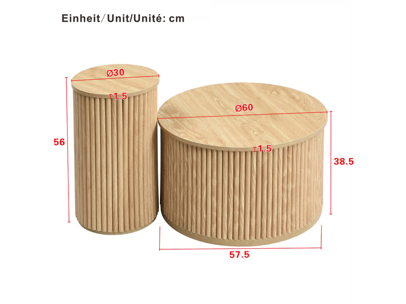  Table basse ronde double ensemble table basse bois nature mdf avec rayures 3d pour salon  - Conforama E