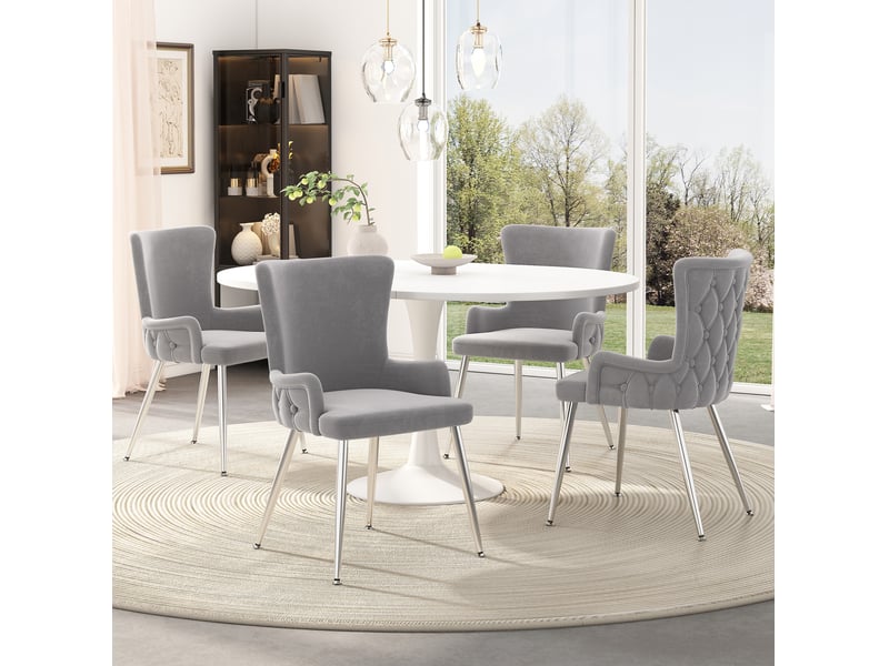  Lot de 4 chaises salle à manger 55x47x85 cm en velours gris, dossier élevé, pieds métal argenté, pieds antidérapants  - Conforama B
