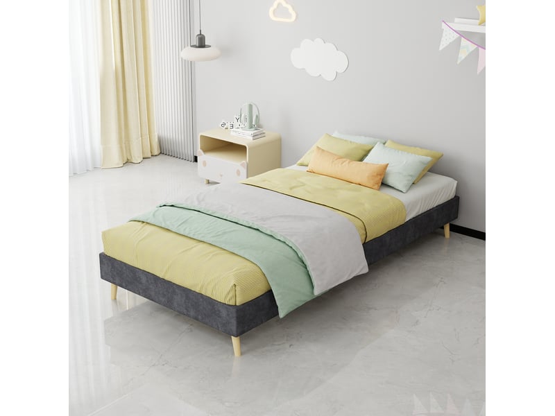  Modenvie cadre de lit 90x200 cm - structure en metal et tissu, sans tete de lit, sans matelas - gris  - Conforama D