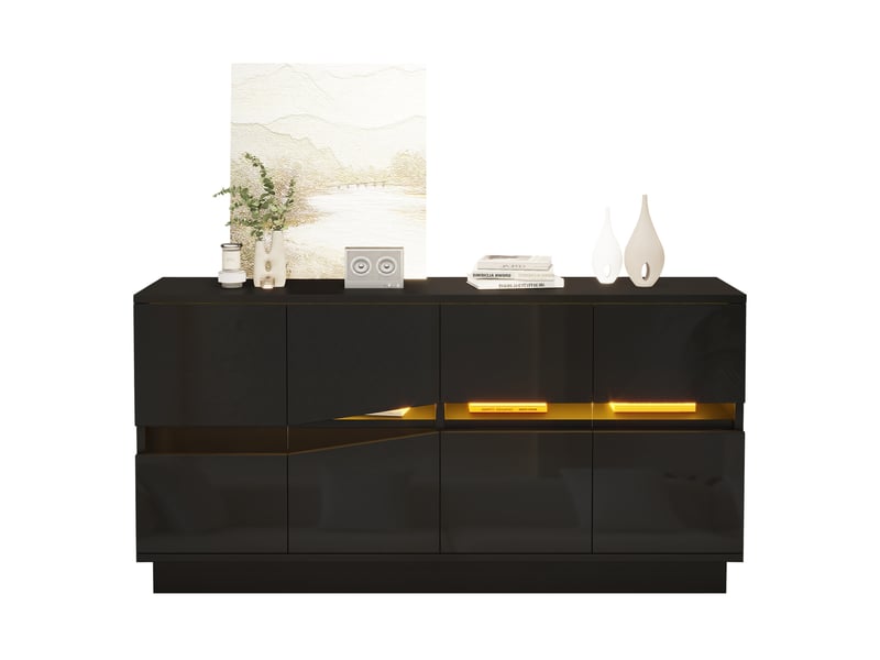 Buffet 4 portes noir brillant avec éclairage led bluetooth 140 x 35 x 70 cm - Conforama A