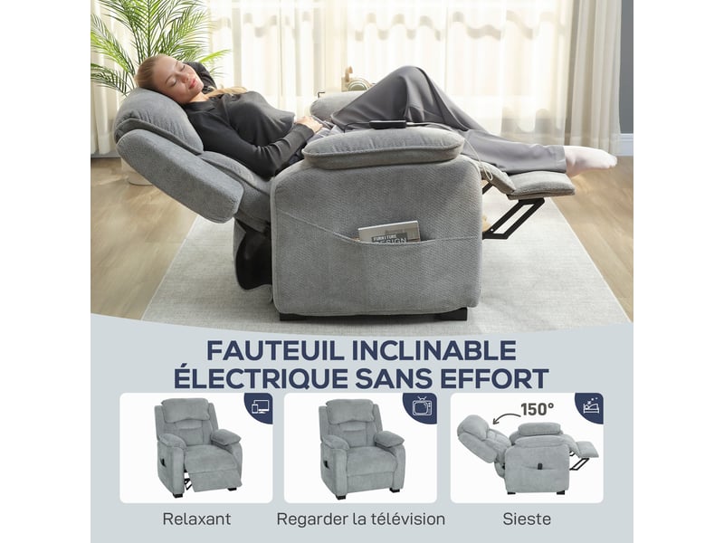  Fauteuil relax électrique fauteuil inclinable port usb repose-pieds poches latérales télécommande gris clair 86x90x103cm  - Conforama A