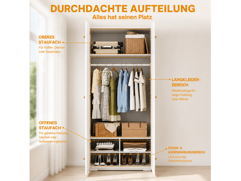  Armoire 2 portes blanche 90 × 50 × 202 cm avec penderie et 5 compartiments, idéale pour chambre ou bureau  - Conforama D