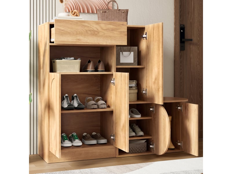  Meuble à chaussures 130x35x110,5 cm avec assise, 5 portes et tiroir coloris naturel  - Conforama D
