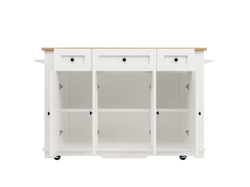  Desserte 151,5x60x91,7 cm, îlot de cuisine, 3 tiroirs, 4 portes, pour cuisine, en mdf et verre trempé, blanc et bois  - Conforama D