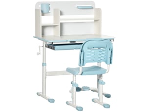 Ensemble bureau et chaise réglables pour enfants à partir de 3 ans, table inclinable à 60° avec tiroir et étagères, bleu