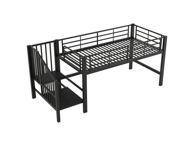  Lit mi-hauteur 90 × 200 cm, escalier à marches ouvertes, espace libre sous le lit, sommier à lattes, métal et mdf, noir  - Conforama A