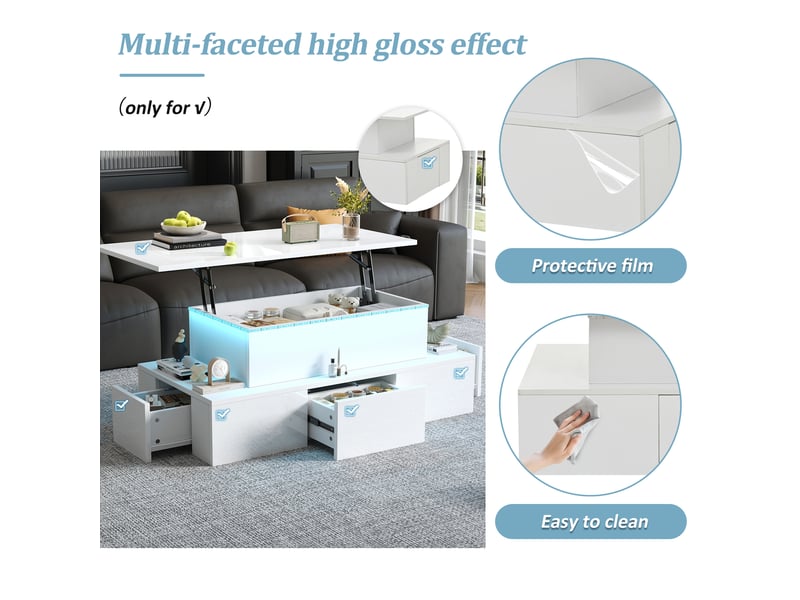  Table basse relevable avec 4 tiroirs, rangement caché, led et port usb, en mdf blanc, 100 × 50 × 40 cm  - Conforama E