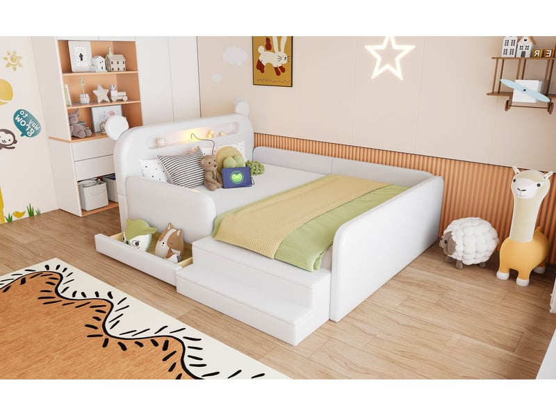 Lit rangement 140 x 200 cm tête de lit ours éclairage nocturne port usb assise marche revêtement en similicuir finition blanche - Conforama B