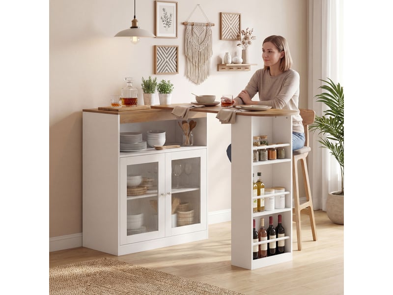  Table de bar extensible et pivotante à 90° avec étagères ouvertes et 2 portes vitrées 150 x 80 x 105,5 cm blanc et naturel  - Conforama C