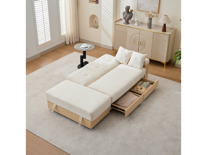  Canapé convertible, canapé-lit, en tissu chenille, beige, porte-gobelets, dossier réglable 3 positions, 217 cm, avec pouf  - Conforama A